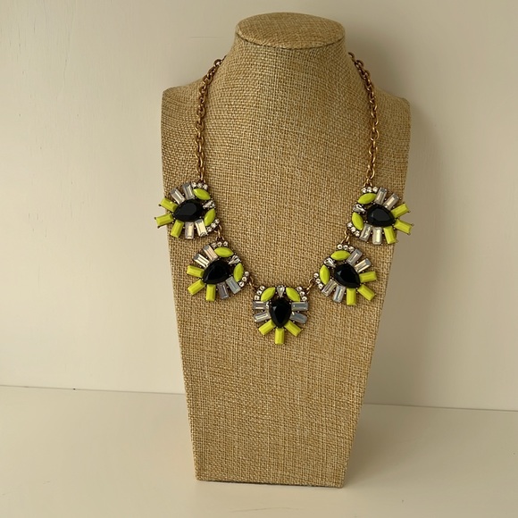 J Crew Rhinestone Statement Necklace Gold Black Vibrant Yellow - Picture 2 of 4